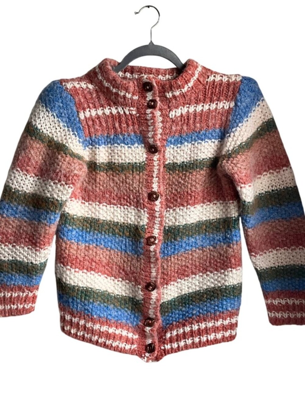 VTG Huo Feng Pai Striped Chunky Hand-Knit Wool Blend Cardigan Preppy